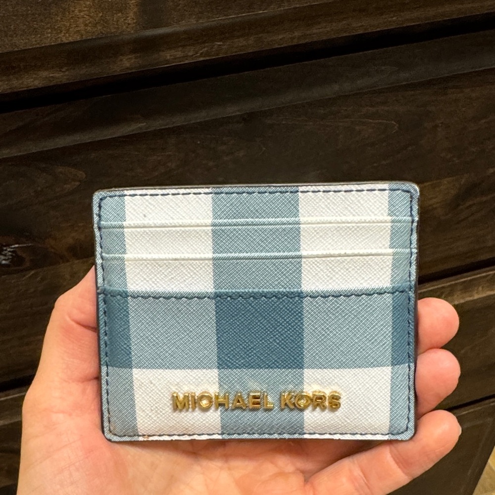 Michael Kors Plaid Blue and White Card Holder